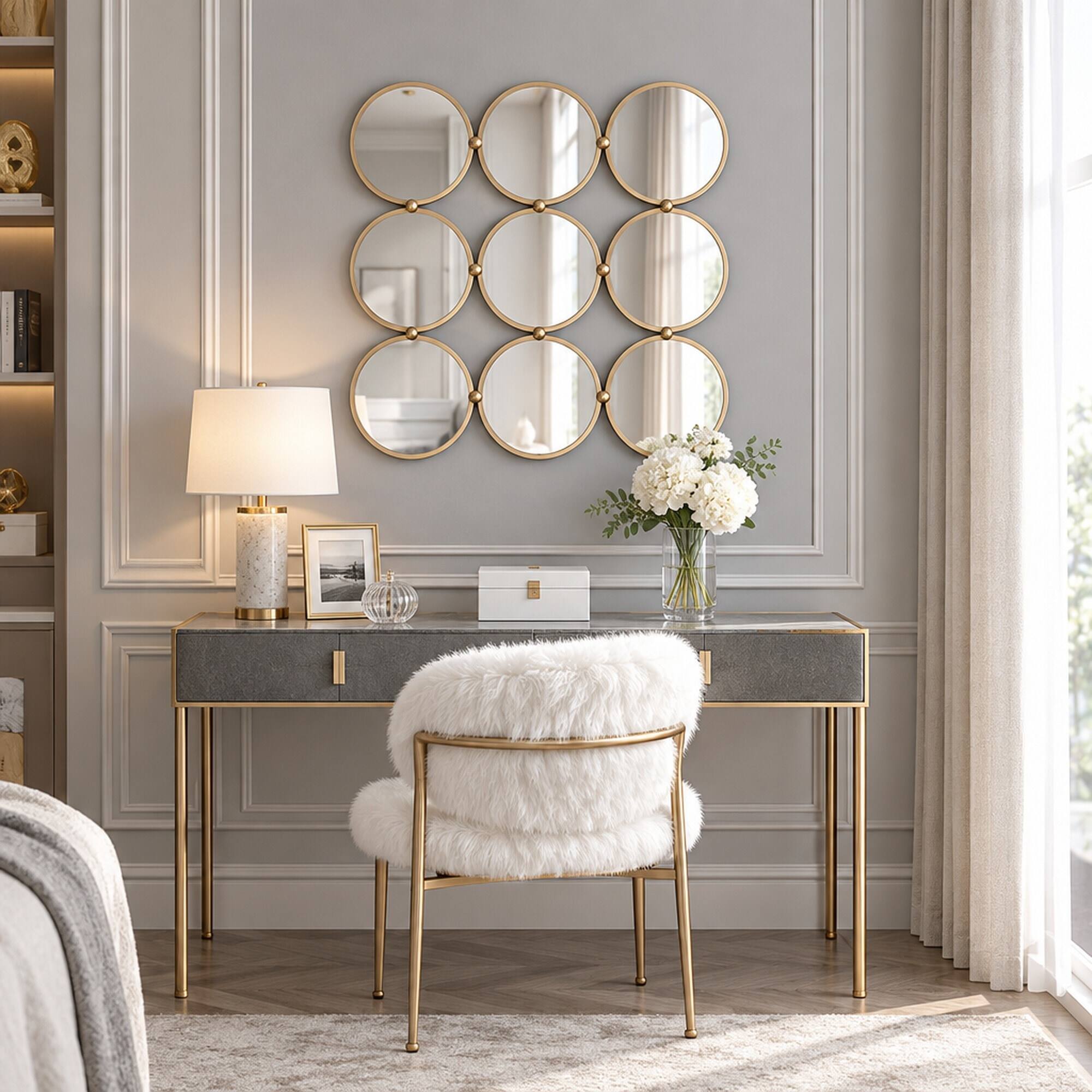 Alt View 2. RYHNUYNE - 27.2 in Square Decorative Wall Mirror, 9 Ring Metal Frame, Mid-Century Style, Iron and MDF - Champagne.