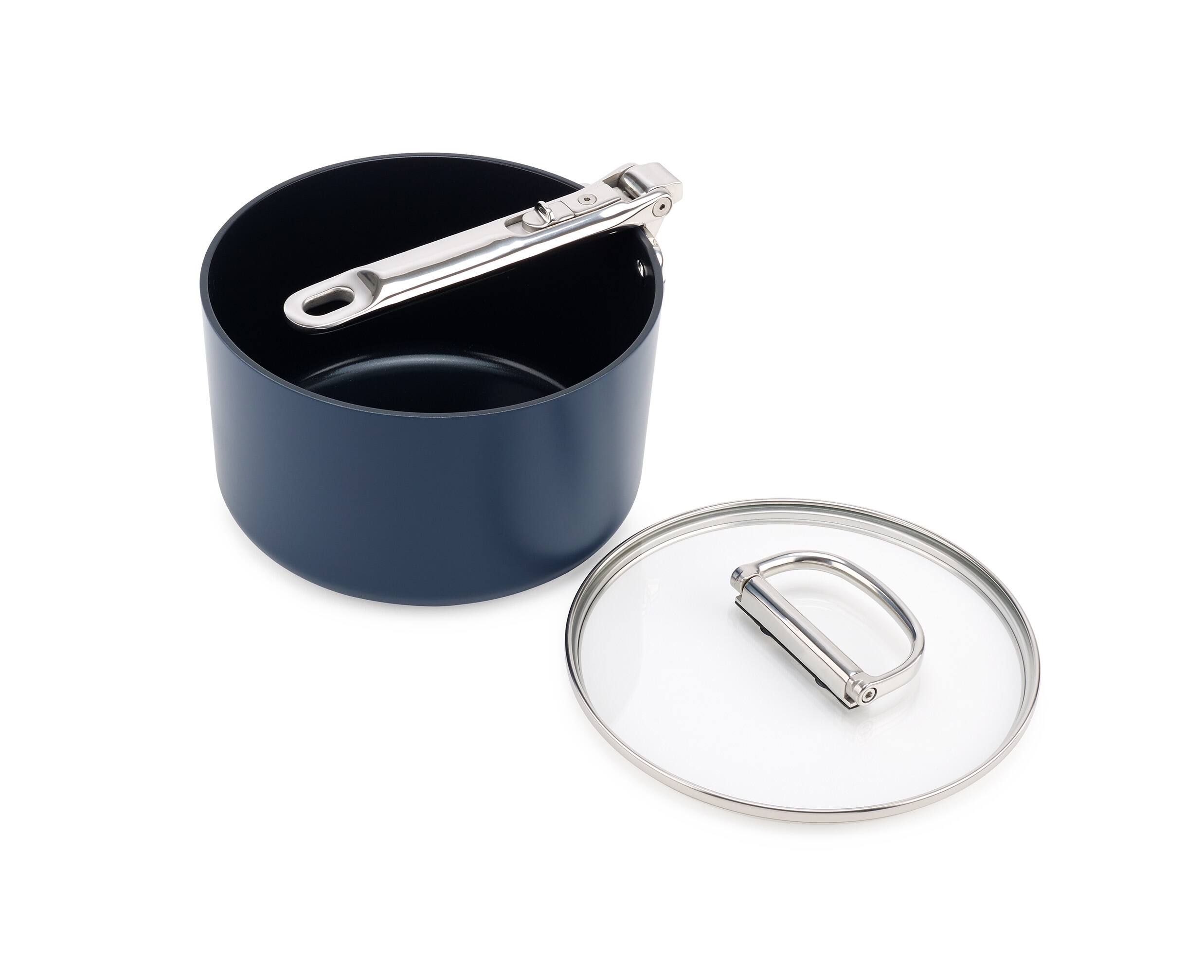 Alt View 1. Joseph Joseph - Space Ceramic Non-stick 2.9 Qt. Saucepan with Folding Handle and Lid - Blue.