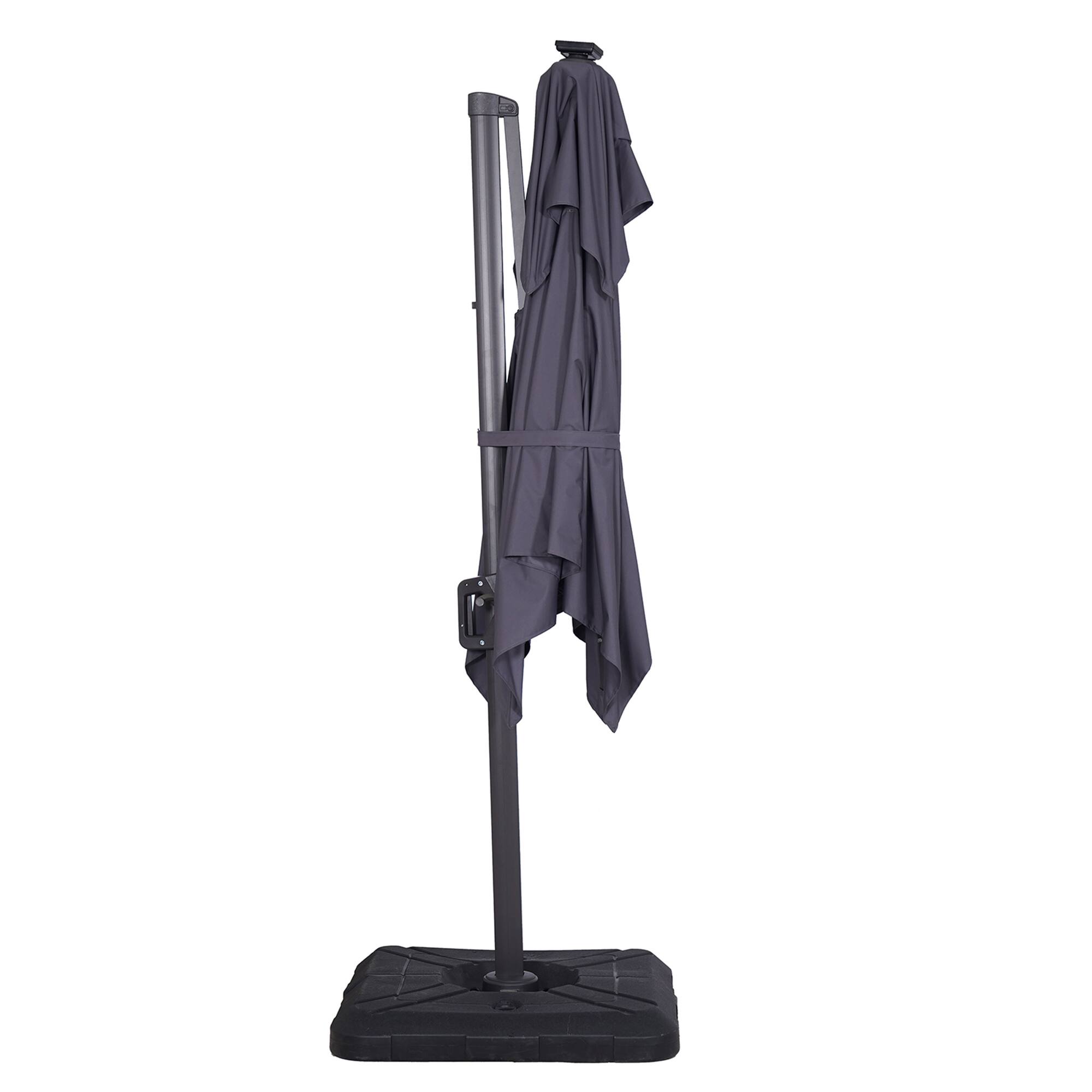 Back. Vaczon - 8ft Patio Market Umbrella with Solar LED and Base with Crank for Pool Beach Deck Backyard Light - Gray.