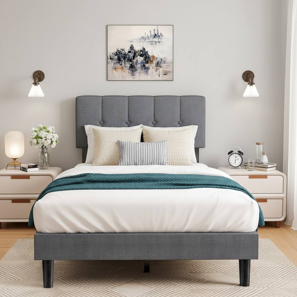 Alt View 6. AOITUN - Twin Size Upholstered Platform Bed Frame, Gray Button Tufted Fabric Headboard, No Box Spring Needed - gray.