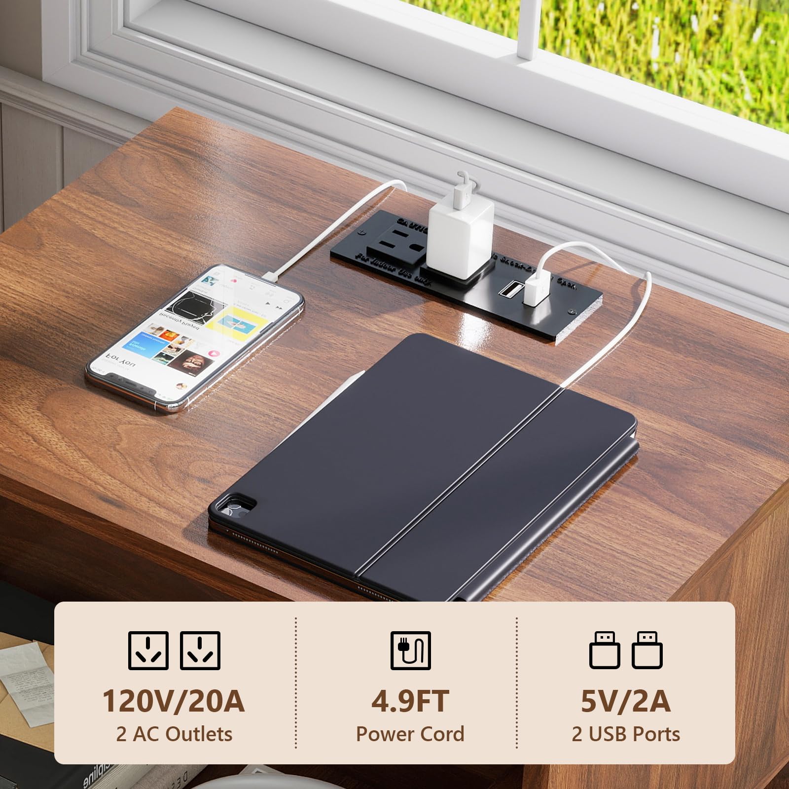 MAL AC N Ie Ues - & SAM  
24 e. 120V/20A 2 AC Outlets dlne ee DES 4.9FT Power Cord 5V/2A 2 USB Ports

120V/20A  
2 AC Outlets

4.9FT  
Power Cord

5V/2A  
2 USB Ports