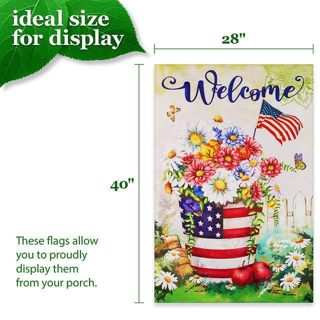 ideal size for display

28" 40"

Welcome

These flags allow you to proudly display them from your porch.