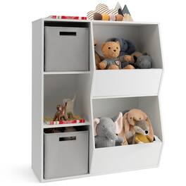 Gymax - Kids Toy Storage Organizer 5 Cubbies Wooden Bookshelf Display Cabinet w/ Drawers - White