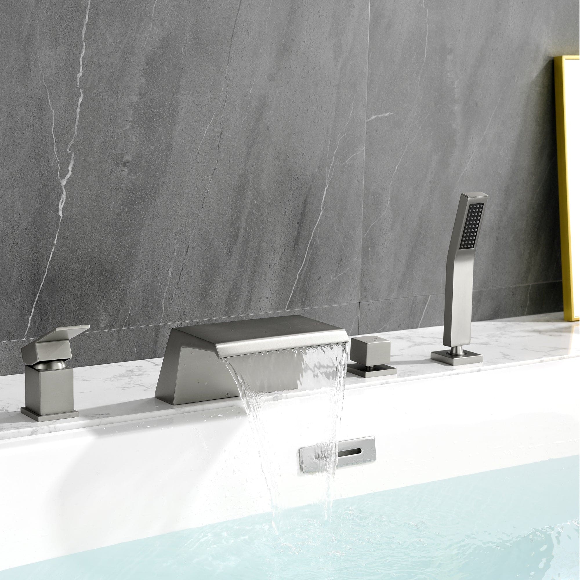 Boyel Living - Polygonal Waterfall Bath Tub Faucet with Hand Shower Hot and Cold Single Handle SUS304 Anti Fingerprint - Brushed Nickel