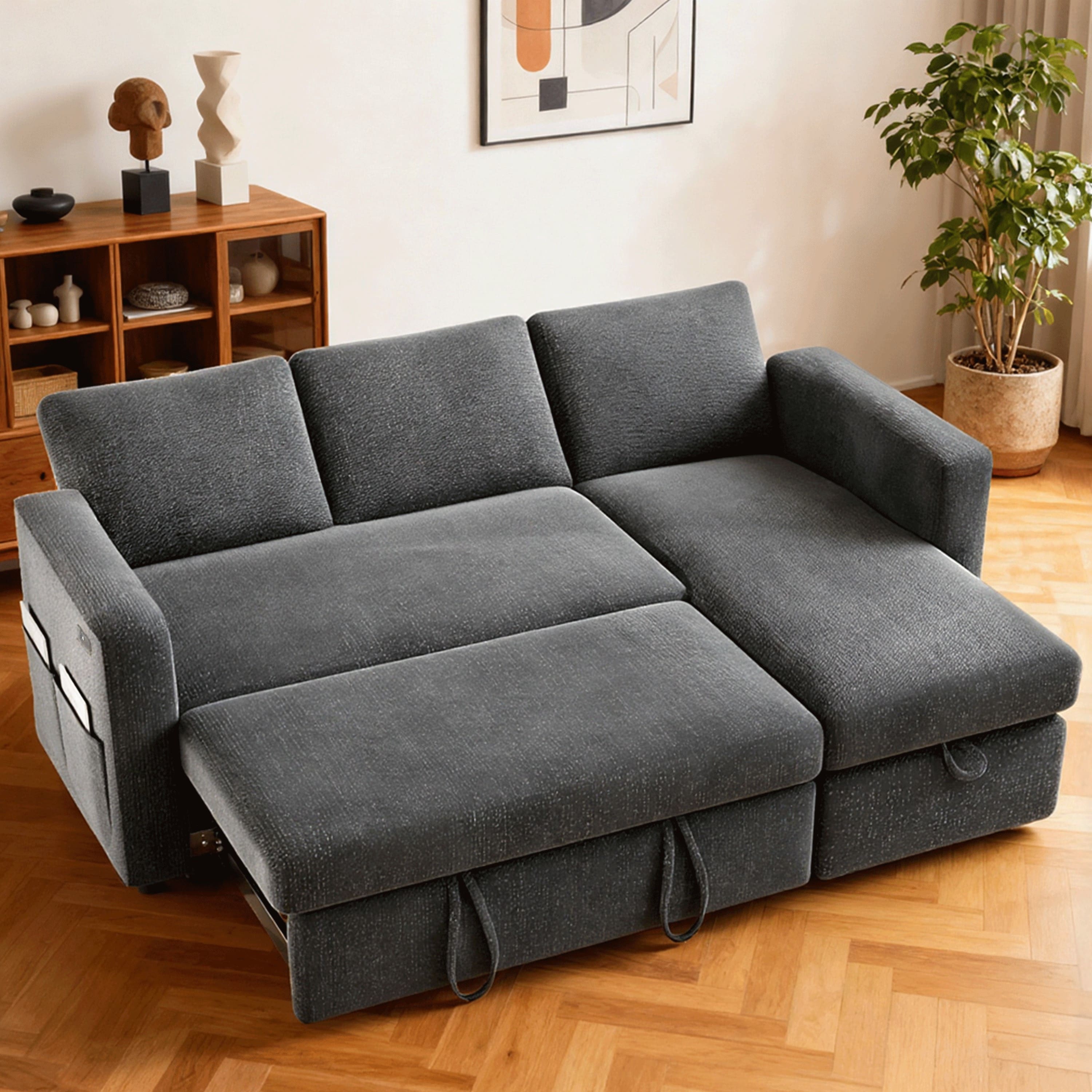 Dyonery - 81" Sleeper Sofa Bed with Pull Out Bed L Shaped Sectional Sleeper Sofa, Tool-Free Assembly,Chenille Dark Gray - Gray