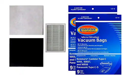 A MUST FOR ALLERGY SUFFERERS!!
137-9
A MUST FOR ALLERGY SUFFERERS?
137-9
EnviroCore TECHNOLOGIES
Micro Filtration Vacuum Bags
99.7% F
Traps and Allergens Particulaires
99.7% F
Traps and Allergenes Microscopiques de Figures
Designed to Fit:
5055, 50557, and 50558
Kenmore Canister Type C
Panasonic Type C-5
9 Sac Bols