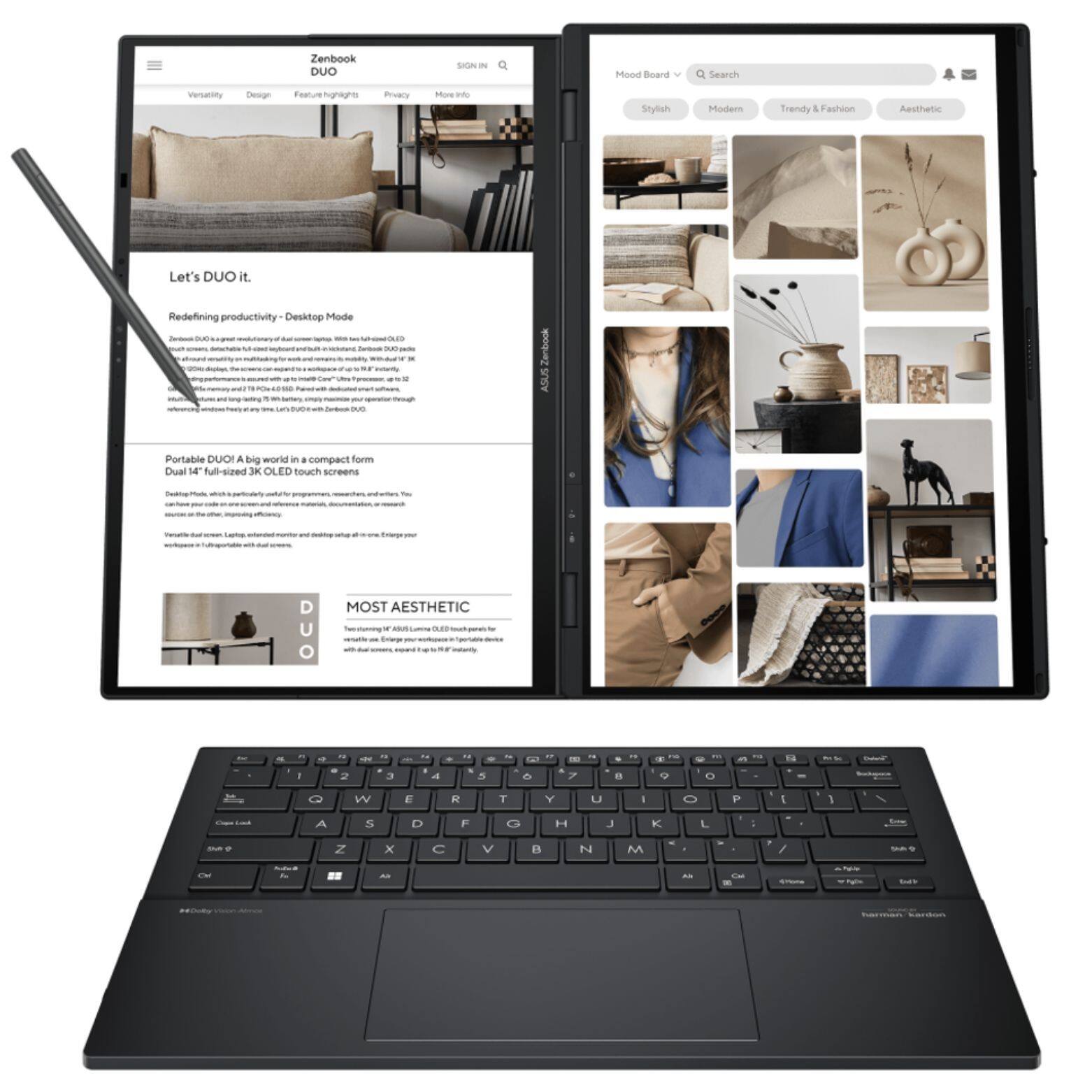Zenbook DUO Sw - Mood Board Search verueritiy Design Feature Highlight Prota More Stylish Modern Trendy 4 Fashion Aesthate Let's DUO it. Redefining productivity Desktop Mode - - - - Zenbook ASUS Portable DUO A big world in a compact form Dual 14" full-sized 3K OLED touch screens - DUO MOST AESTHETIC - -