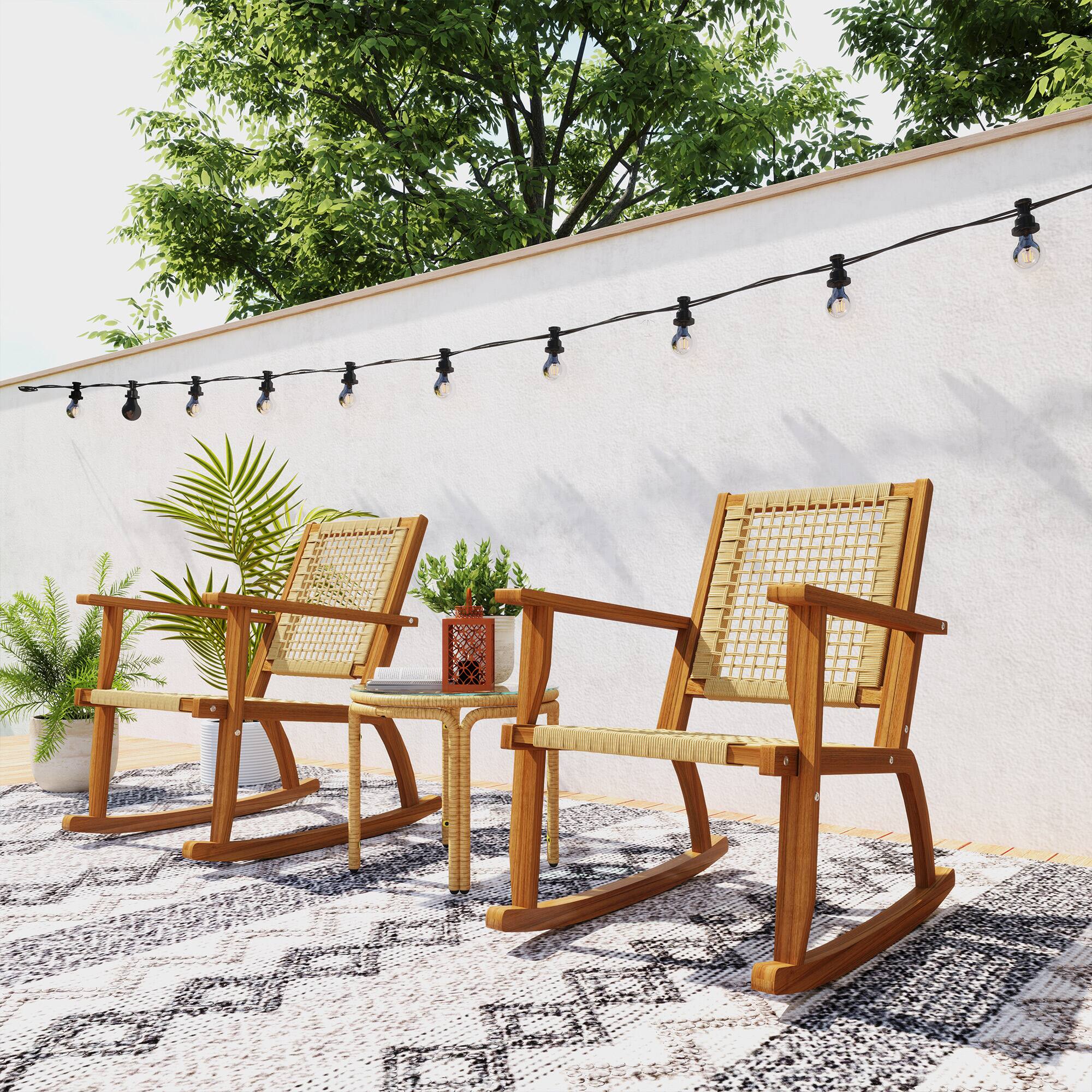 Alt View 4. Outsunny - Outdoor Rocking Chair Set of 2, Acacia Wood Outdoor Rockers with Armrests, Rattan Wicker Back and Seat - Khaki.