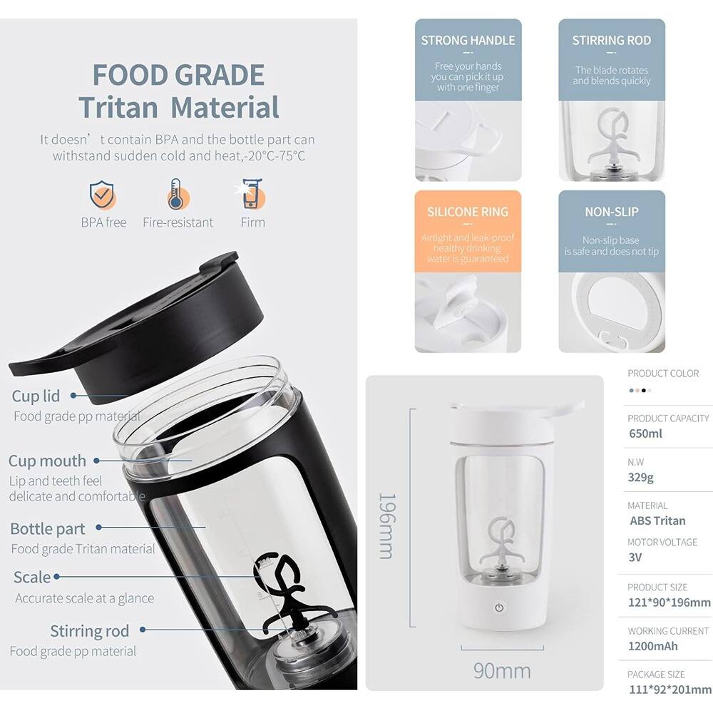 **FOOD GRADE Tritan Material**

- It doesn't contain BPA and the bottle part can withstand sudden cold and heat, -20°C-75°C
  - BPA free
  - Fire-resistant
  - Firm

**Cup lid**
- Food grade pp material

**Cup mouth**
- Lip and teeth feel delicate and comfortable

**Bottle part**
- Food grade Tritan material

**Scale**
- Accurate scale at a glance

**Stirring rod**
- Food grade pp material

**STRONG HANDLE**
- Free your hands, you can pick it up with one finger

**STIRRING ROD**
- The blade rotates and blends quickly

**SILICONE RING**
- Airtight and leak-proof, healthy drinking water is guaranteed

**NON-SLIP**
- Non-slip base is safe and does not tip

**PRODUCT COLOR**
- [Color options]

**PRODUCT CAPACITY**
- 650ml

**N.W**
- 329g

**MATERIAL**
- ABS Tritan

**MOTOR VOLTAGE**
- 3V

**PRODUCT SIZE**
- 121*90*196mm

