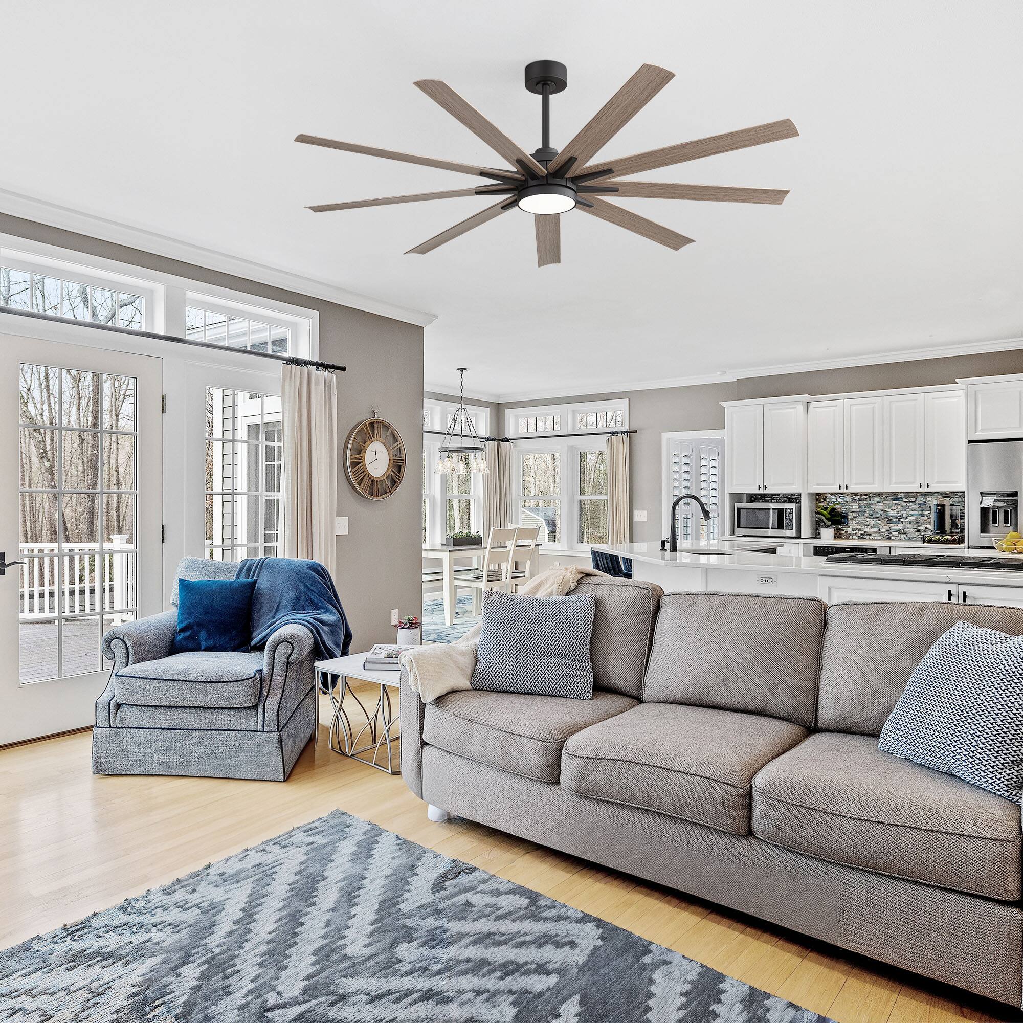 Left. Breezary - 65-Inch LED Ceiling Fan with Light, 9 Plywood Blades, DC Motor, Remote, Includes 6 & 12 Inch Downrods, Timer - Wood grain color.