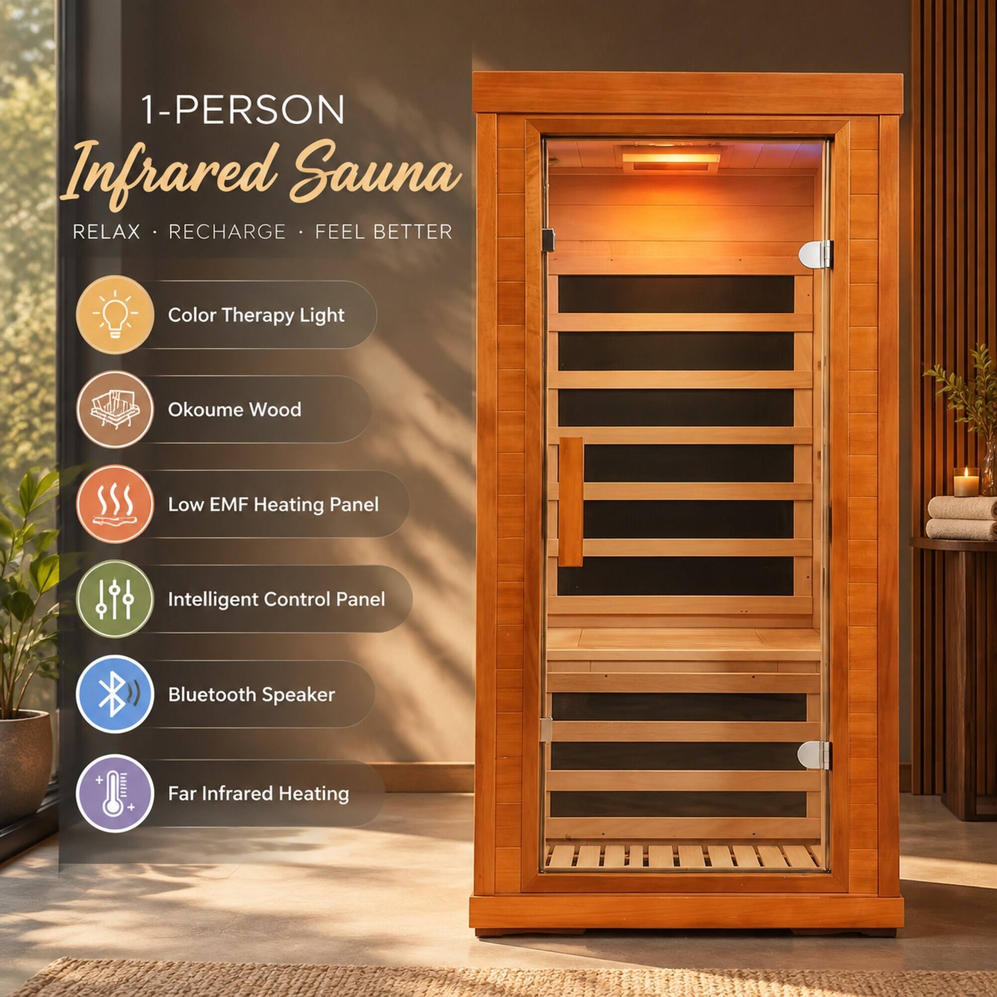 1-PERSON Infrared Sauna  
RELAX • RECHARGE • FEEL BETTER  

- Color Therapy Light  
- Okoume Wood  
- Low EMF Heating Panel  
- Intelligent Control Panel  
- Bluetooth Speaker  
- Far Infrared Heating