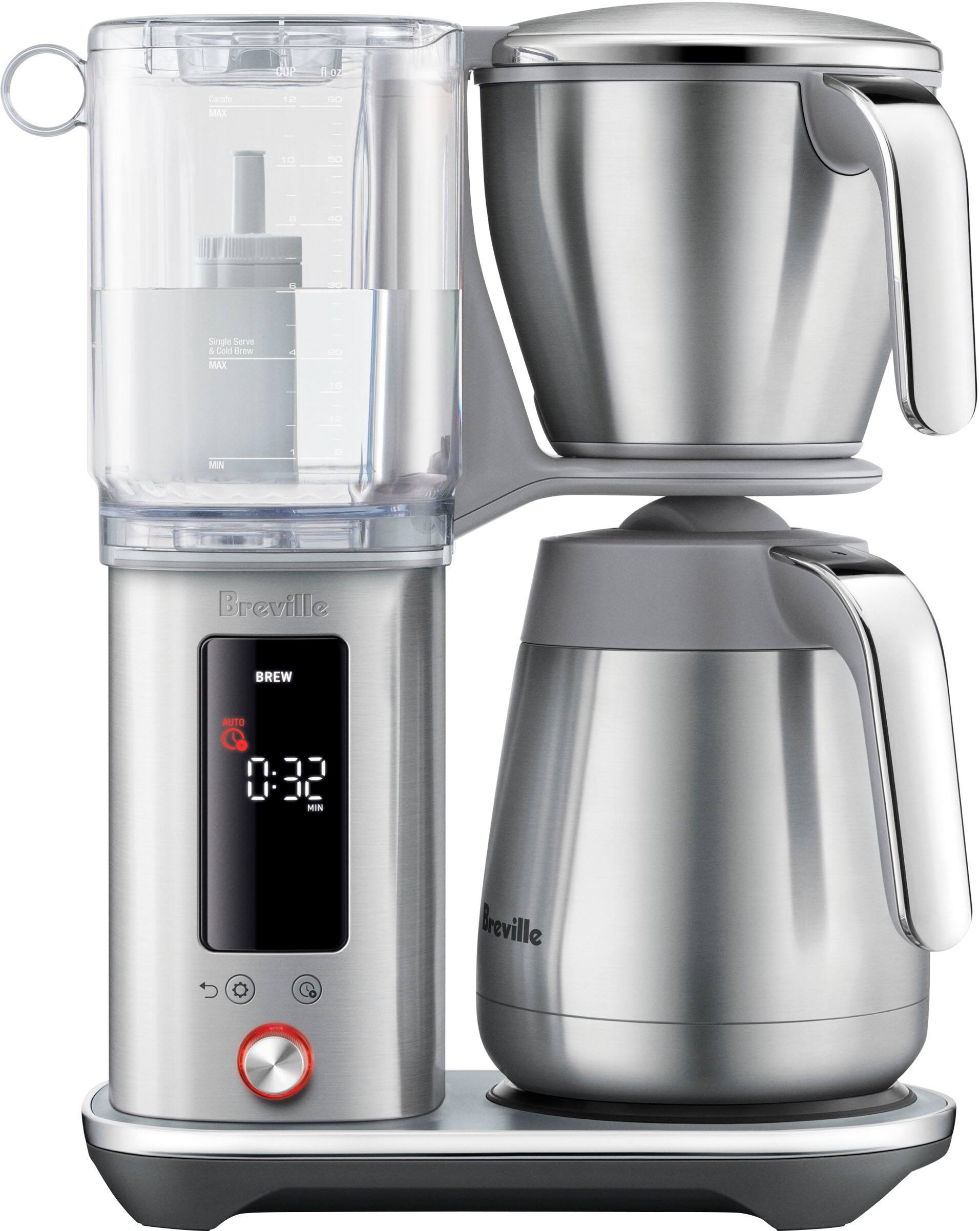 The image features a Breville coffee maker with a timer set at 0:32. The coffee maker is accompanied by a water dispenser and a kettle, all sitting on a counter. The coffee maker is the main focus of the image, and it is placed next to the water dispenser and the kettle.