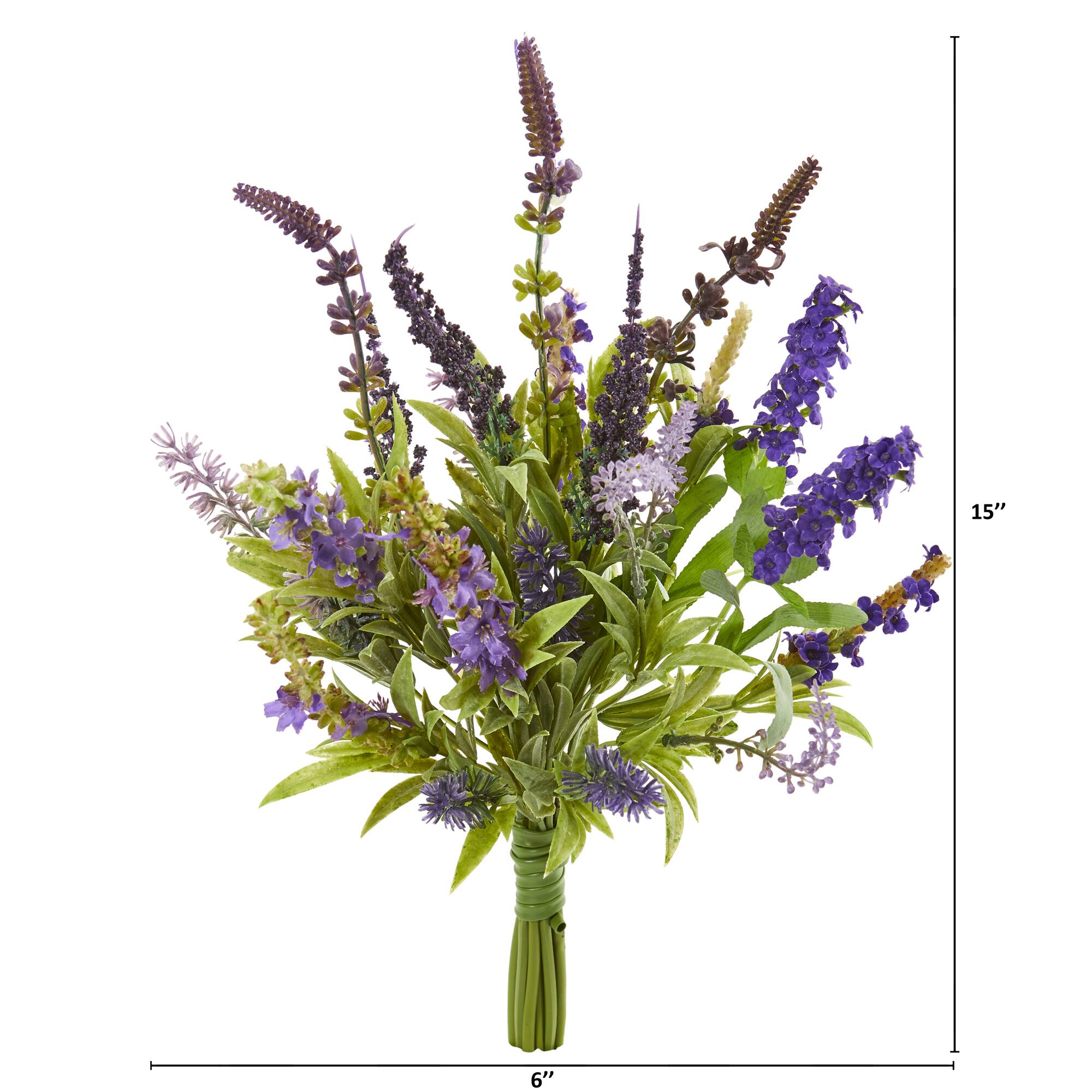 Angle. BreeBe - 15" Lavender Artificial Flower Bouquet (Set of 3) - Purple.