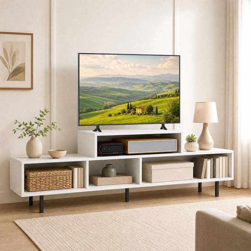WELLFOR - TV Stand for TVs up to 70" with Open Storage Compartments,Entertainment Center Media Console for Living Room, Bedroom - White