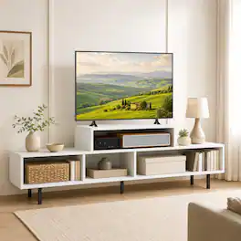 WELLFOR - TV Stand for TVs up to 70" with Open Storage Compartments,Entertainment Center Media Console for Living Room, Bedroom - White