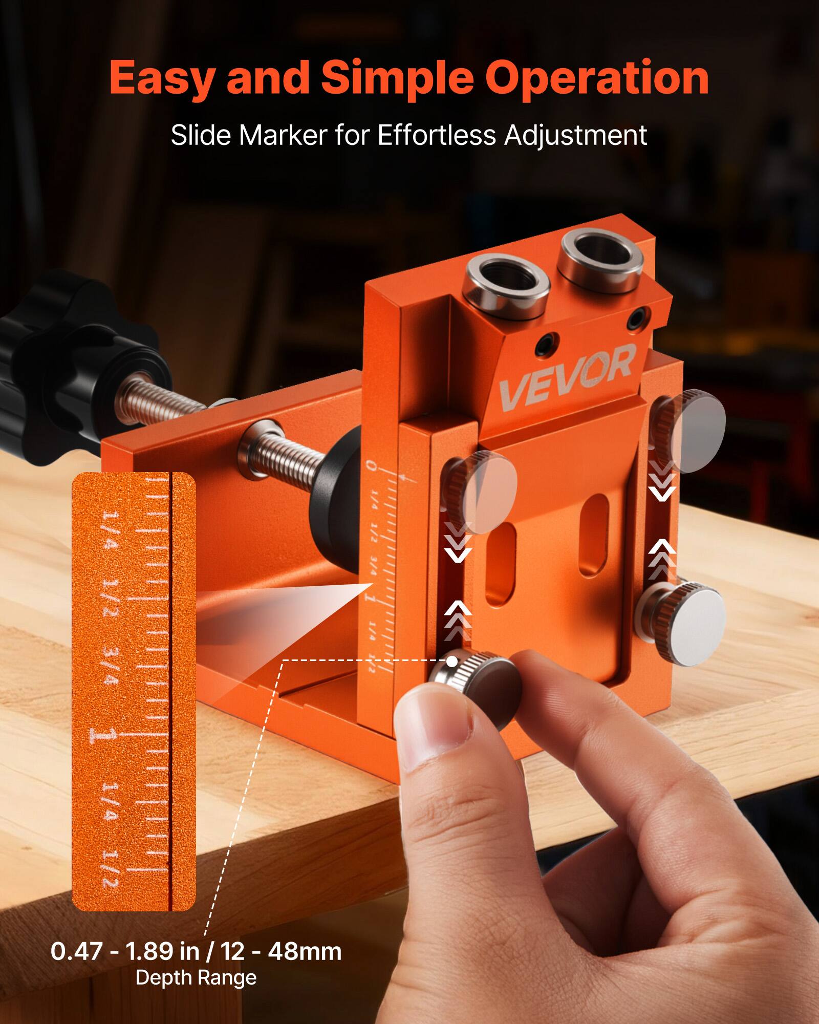 Easy and Simple Operation  
Slide Marker for Effortless Adjustment  

VEVOR  

0.47 - 1.89 in / 12 - 48mm  
Depth Range
