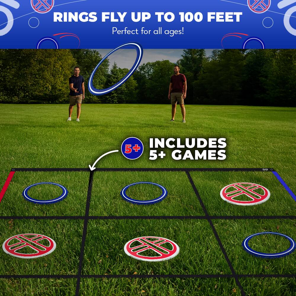 RINGS FLY UP TO 100 FEET  
Perfect for all ages!  

INCLUDES  
5+ GAMES