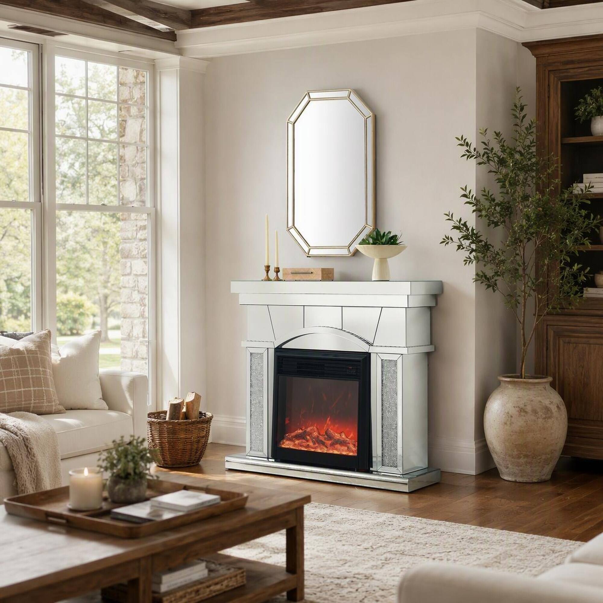 Angle. RYHNUYNE - 46-Inch Electric Fireplace Media Console with Dome Door, Mirror Finish & Crystal Accents, 3D LED Flame Effect - Silver.