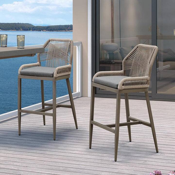 Alt View 2. PURPLE LEAF - Outdoor Sunbrella Bar Stool Set of 2, Wicker Rattan Bar stools with Back Aluminum Outside Garden Patio Bar Chairs - Light Grey & Grey-Bar Height.