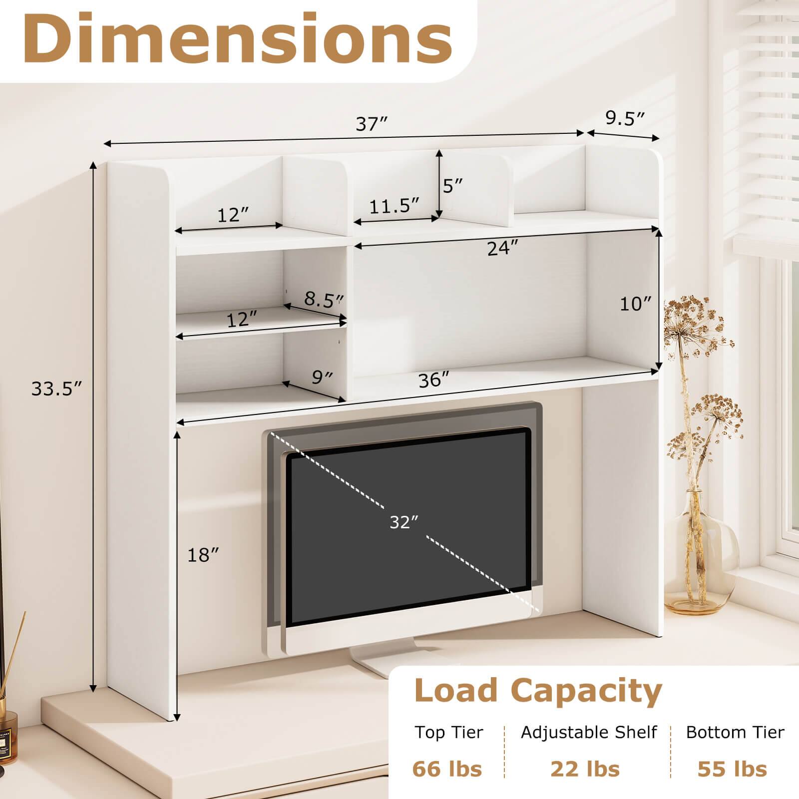 Dimensions: 37" x 9.5" x 12" x 11.5" x 5" x 24" x 12" x 8.5" x 10" x 33.5" x 9" x 36" x 32" x 18"

Load Capacity:
- Top Tier: 66 lbs
- Adjustable Shelf: 22 lbs
- Bottom Tier: 55 lbs