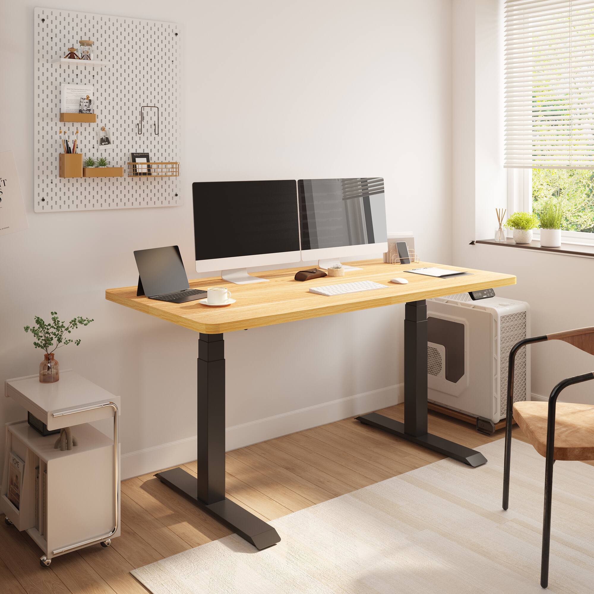 Alt View 1. FlexiSpot - FlexiSpot E7 55''W Electric Adjustable Standing Desk Chipboard, Maple/Black - Maple.