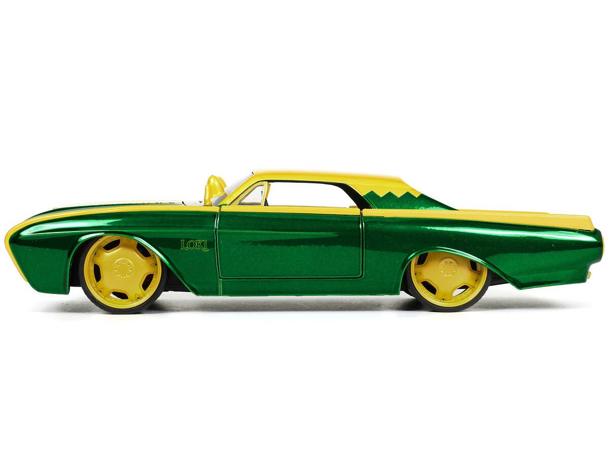 Left. Jada - 1963 Ford Thunderbird Green and Yellow Metallic with Hood Graphics and Loki Diecast Figure "Loki" "Marvel" Series 1/24 - Green and yellow metallic.