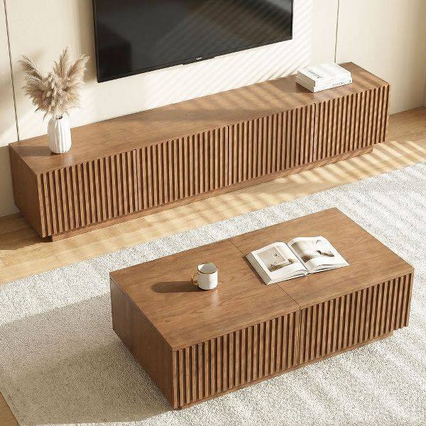 Back. luck idea - Modern Fluted TV Stand & Lift Top Coffee Table Set, 86.6" Entertainment Center with Storage & 51.1" Coffee Table with Hi - brown.