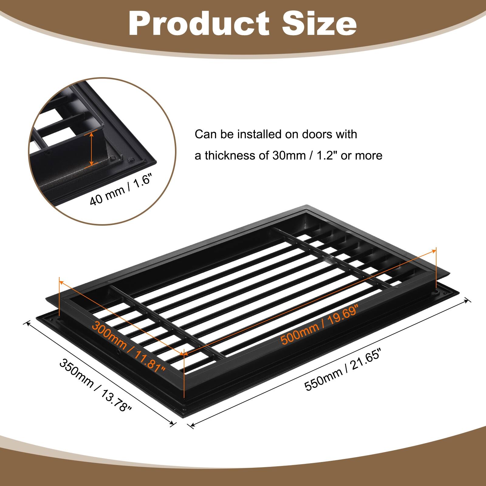 Product Size

Can be installed on doors with a thickness of 30mm / 1.2" or more

40 mm / 1.6"

300mm / 11.81"

350mm / 13.78"

500mm / 19.69"

550mm / 21.65"