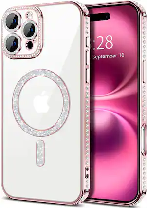 Front. Entronix - Entronix Magnetic Case for iPhone 16 Pro - Clear Back with Luxury Diamond Accents - Rose.