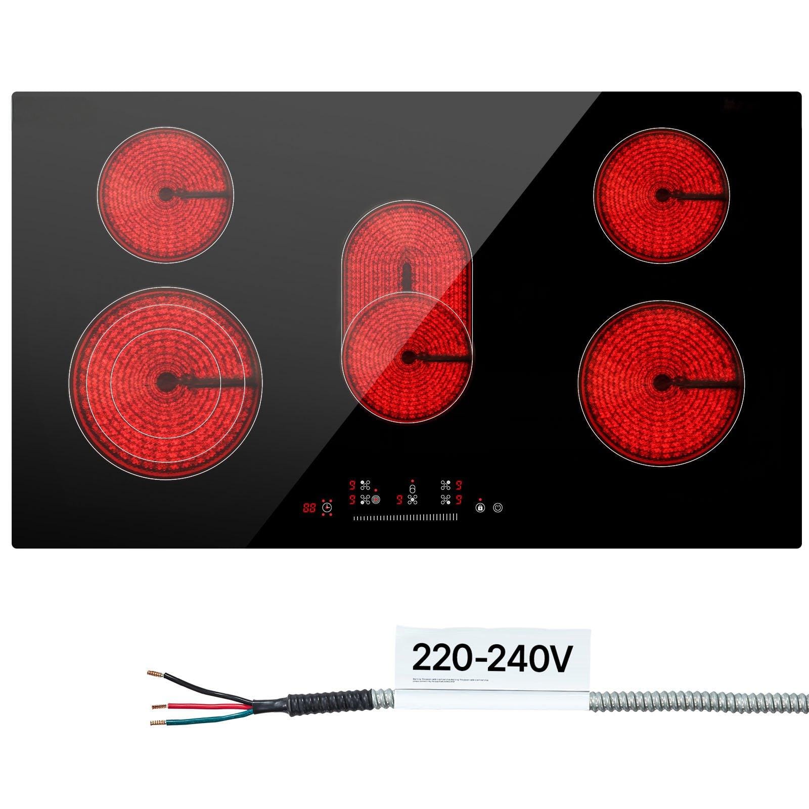 Glintex - 36" Built-In Electric Cooktop, 5 Burners, 8600W Radiant Ceramic Glass, Touch Control, No Plug, 220–240V - Black