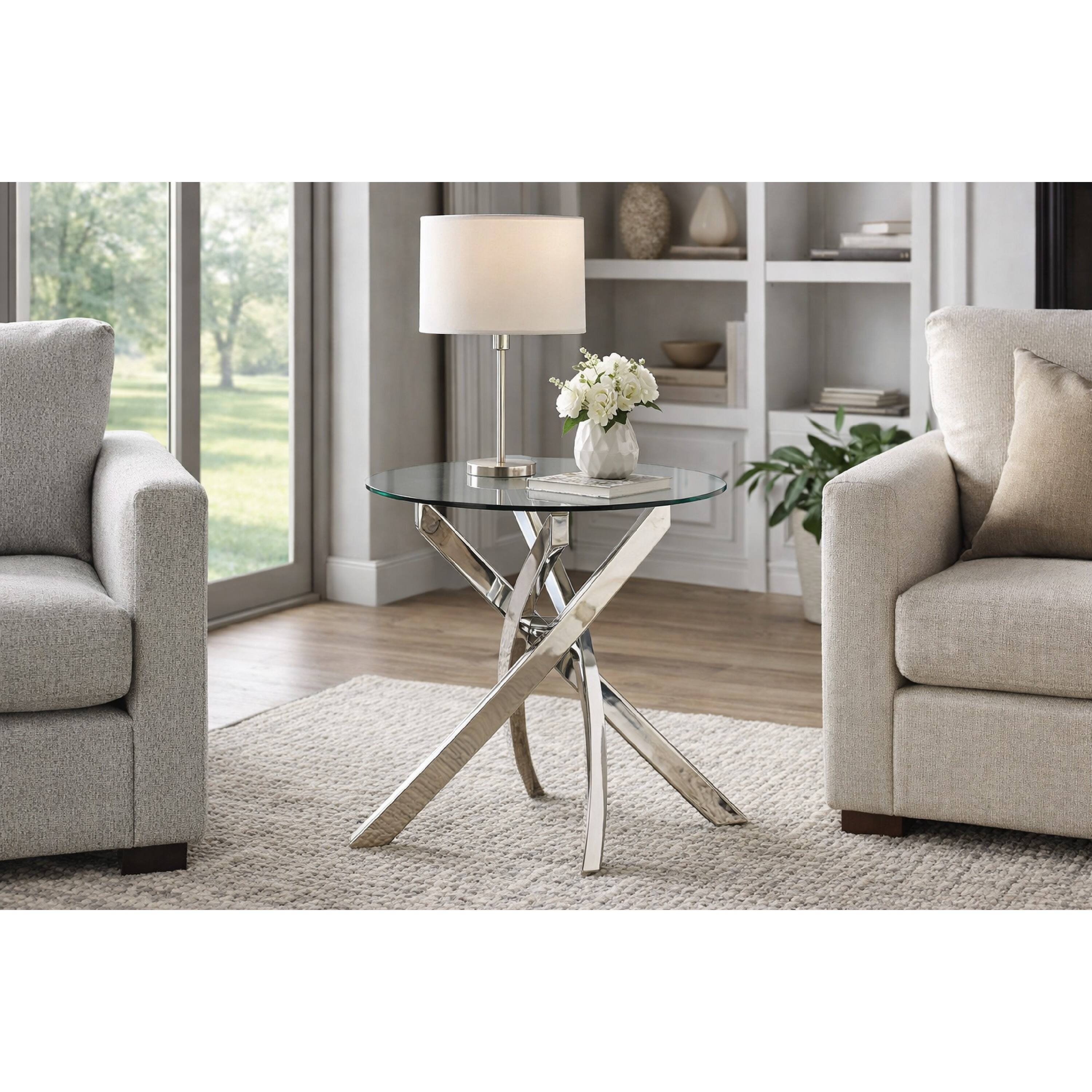 Alt View 7. Manhattan Lane - Round Glass Top End Table with Criss Cross Metal Base - Silver and clear.