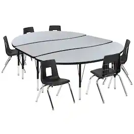 Flash Furniture - Emmy 86" Oval Wave Flexible Laminate Activity Table Set with 14" Student Stack Chairs, Grey/Black - Gray