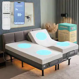 Renanim - SFE Split King Adjustable Electric Bed Frame with 14" Hybrid Mattress, Massage, USB, Remote & UnderBed Light - Gray