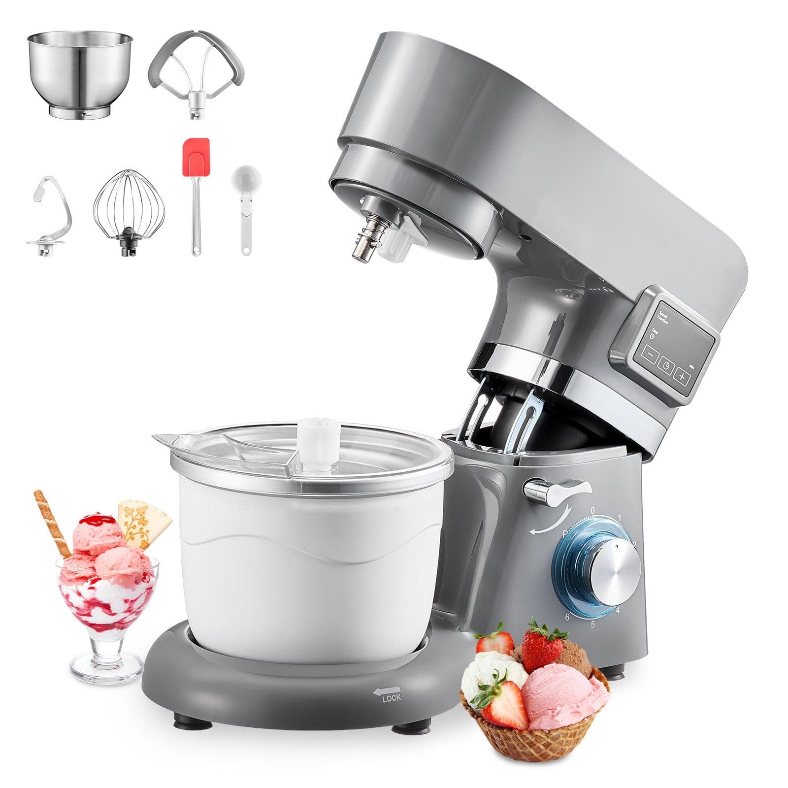Glintex - Ice Cream Maker 1.8Qt Capacity Electric Stand Mixer, 6-Speed with Digital Timer, for Gelato, Yogurt & Sorbet - Silver