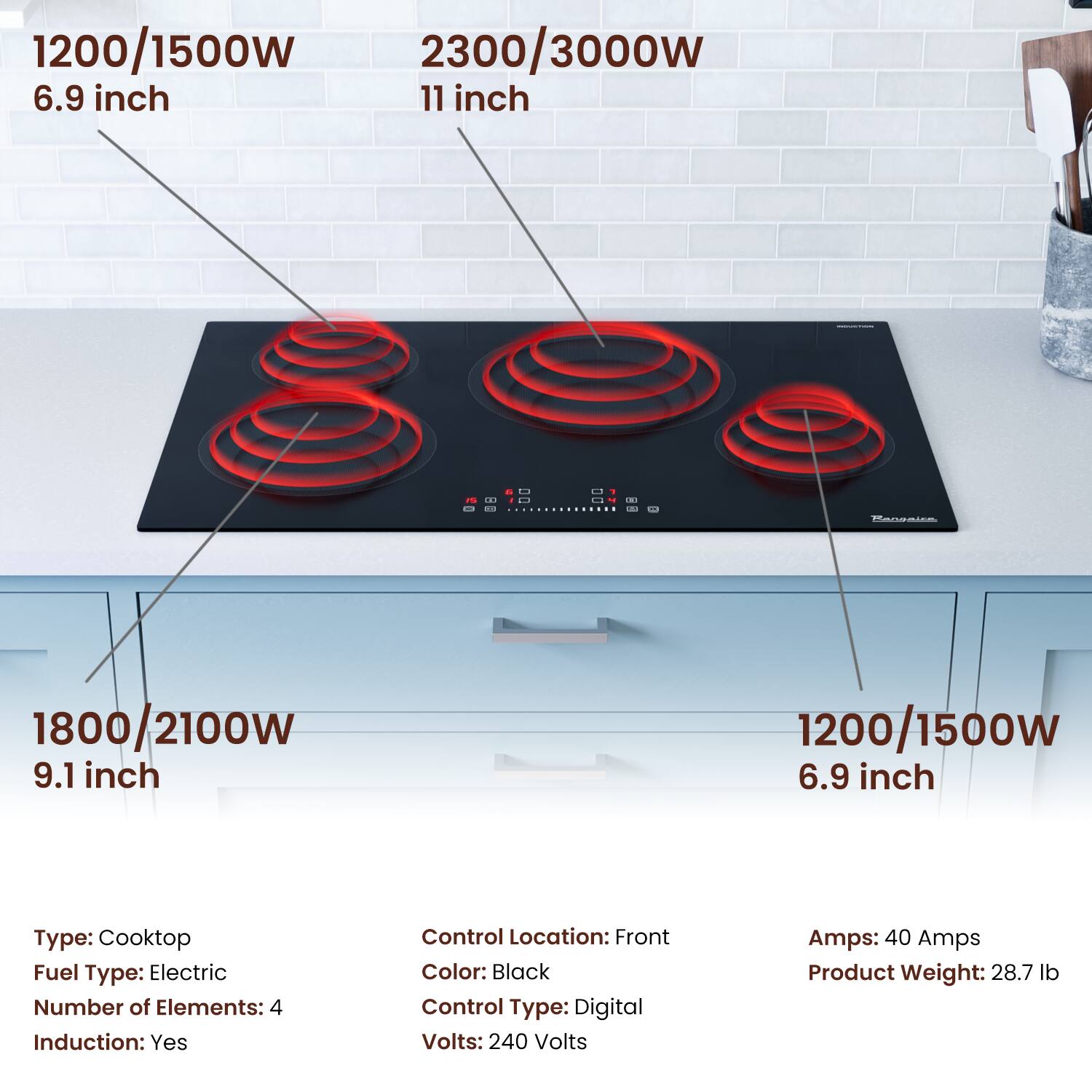1200/1500W 6.9 inch - 1200/1500W 6.9 inch
2300/3000w 11 inch - 1800/2100W 9.1 inch
Type: Cooktop
Fuel Type: Electric
Number of Elements: 4
Induction: Yes
Control Location: Front
Color: Black
Control Type: Digital
Volts: 240 Volts
Amps: 40 Amps
Product Weight: 28.7 lb
