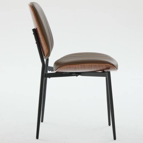 Back. LUCKY ONE - Assembled Mid Century Dining Chair Set of 2 Faux Leather with Walnut Bentwood Back Metal Legs - Brown.