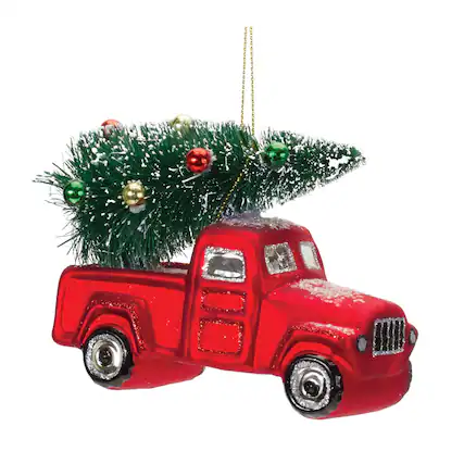 Front. BreeBe - Glittered Glass Pickup Truck Ornament (Set of 6) - Red, Green.