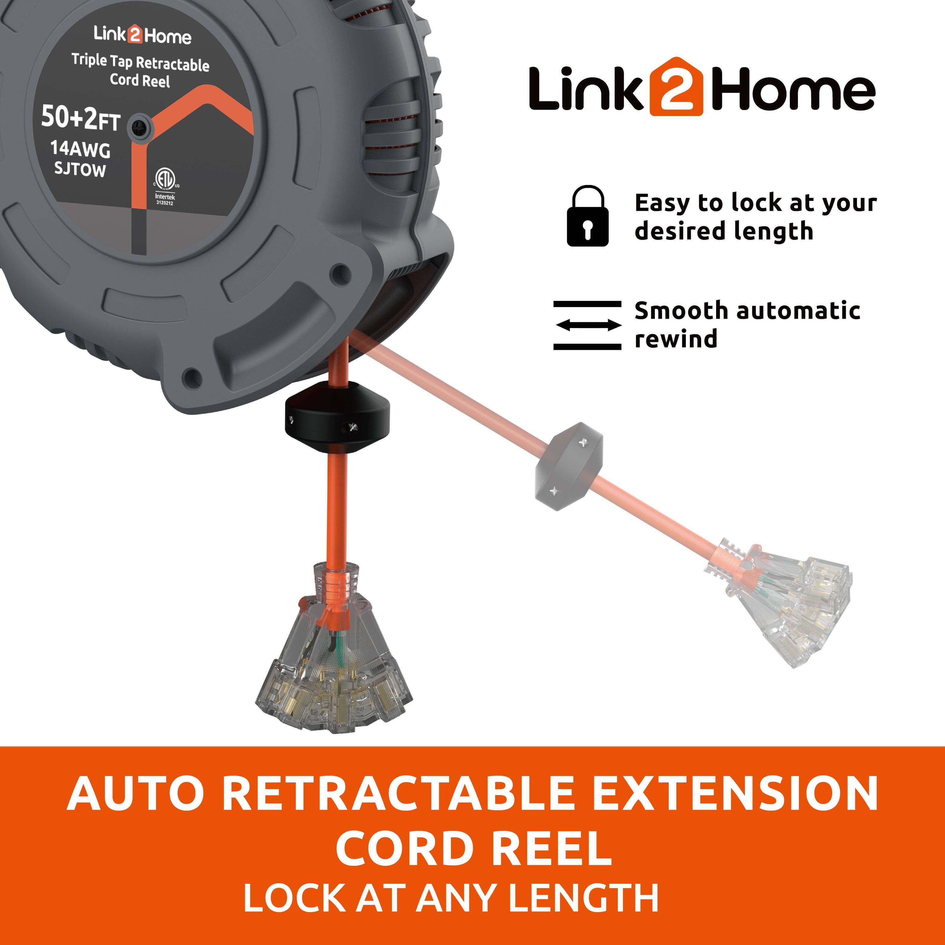 Link 2 Home Triple Tap Retractable Cord Reel 50+2FT 14AWG SJTOW

- Easy to lock at your desired length
- Smooth automatic rewind

AUTO RETRACTABLE EXTENSION CORD REEL LOCK AT ANY LENGTH