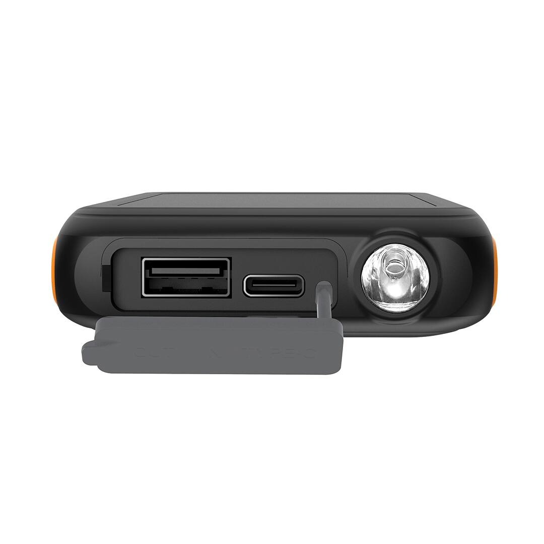 Left. ToughTested - ToughTested Solar ROC5 Wireless Charging Power Bank — 5000mAh with Multimode Flashlight & IP54 Weatherproof - Black Orange.