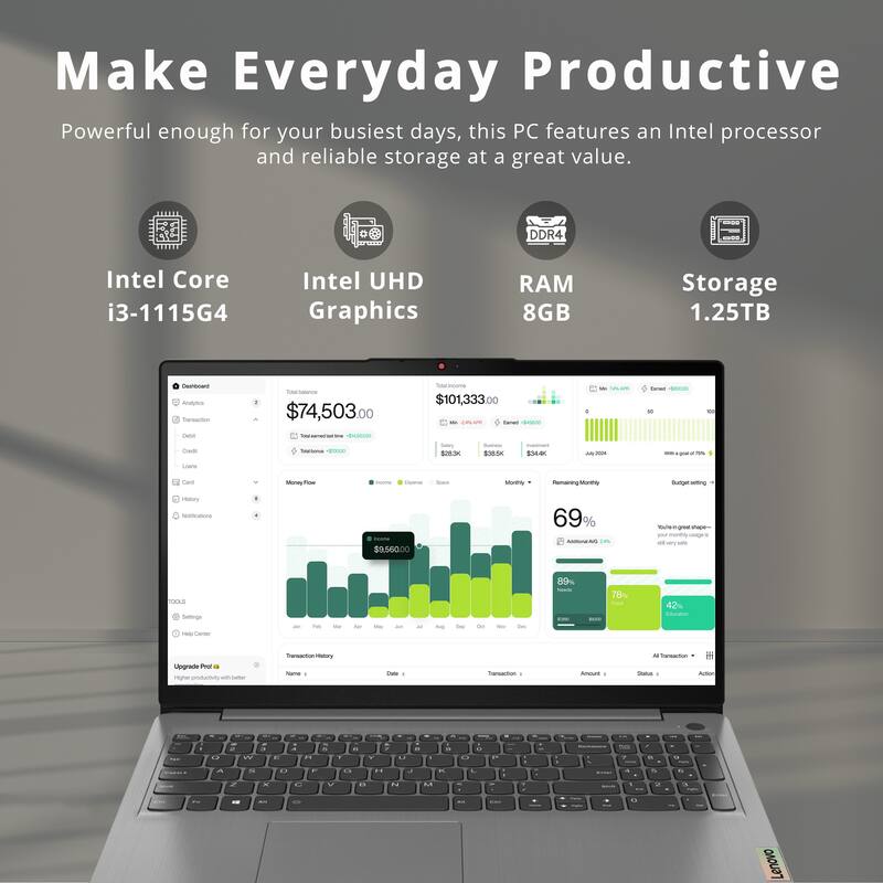 Make Everyday Productive

Powerful enough for your busiest days, this PC features an Intel processor and reliable storage at a great value.

- Intel Core i3-1115G4
- Intel UHD Graphics
- RAM 8GB
- Storage 1.25TB

$74,503.00  
$101,333.00

69%  
89%  
78%  
42%  

Upgrade Pro!  
Higher productivity with better features.