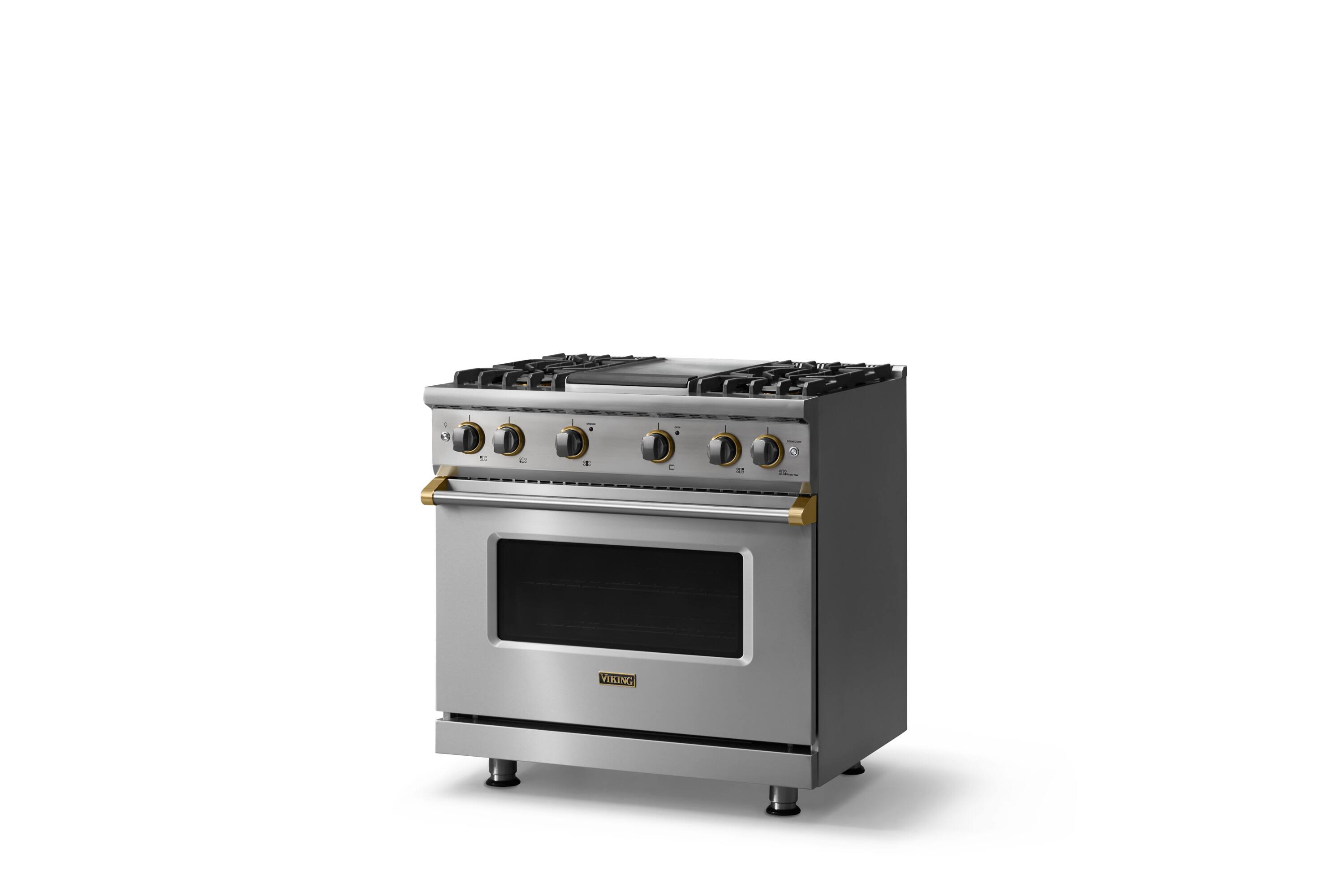 Angle. Viking - 36"W. 5.1 Cu. Ft. Freestanding Manual Clean Sealed 4B Gas Convection Range/Griddle-Stainless Steel/Brushed Brass - Stainless Steel.
