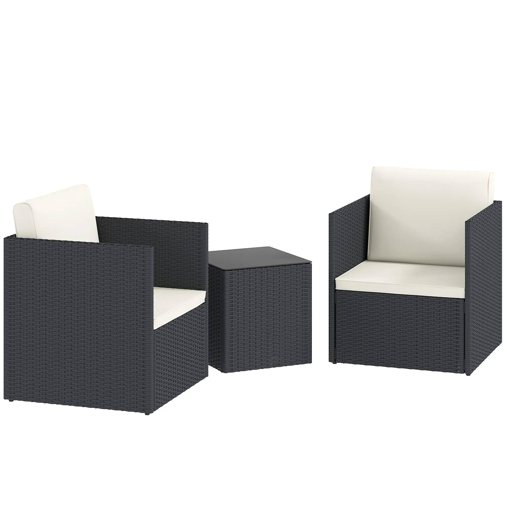 Alt View 7. Resenkos - Resenkos Folding Wicker Bistro Set, Cushions and Glass Coffee Table for Porch, Balcony, Black - Black.