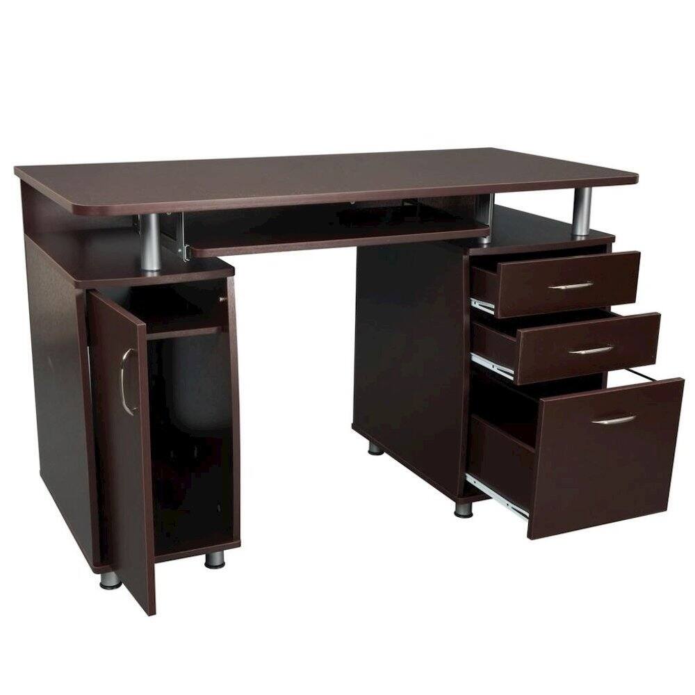Back. FurniFact - Brown Home Office Desk with Storage 2 Drawers - Brown.
