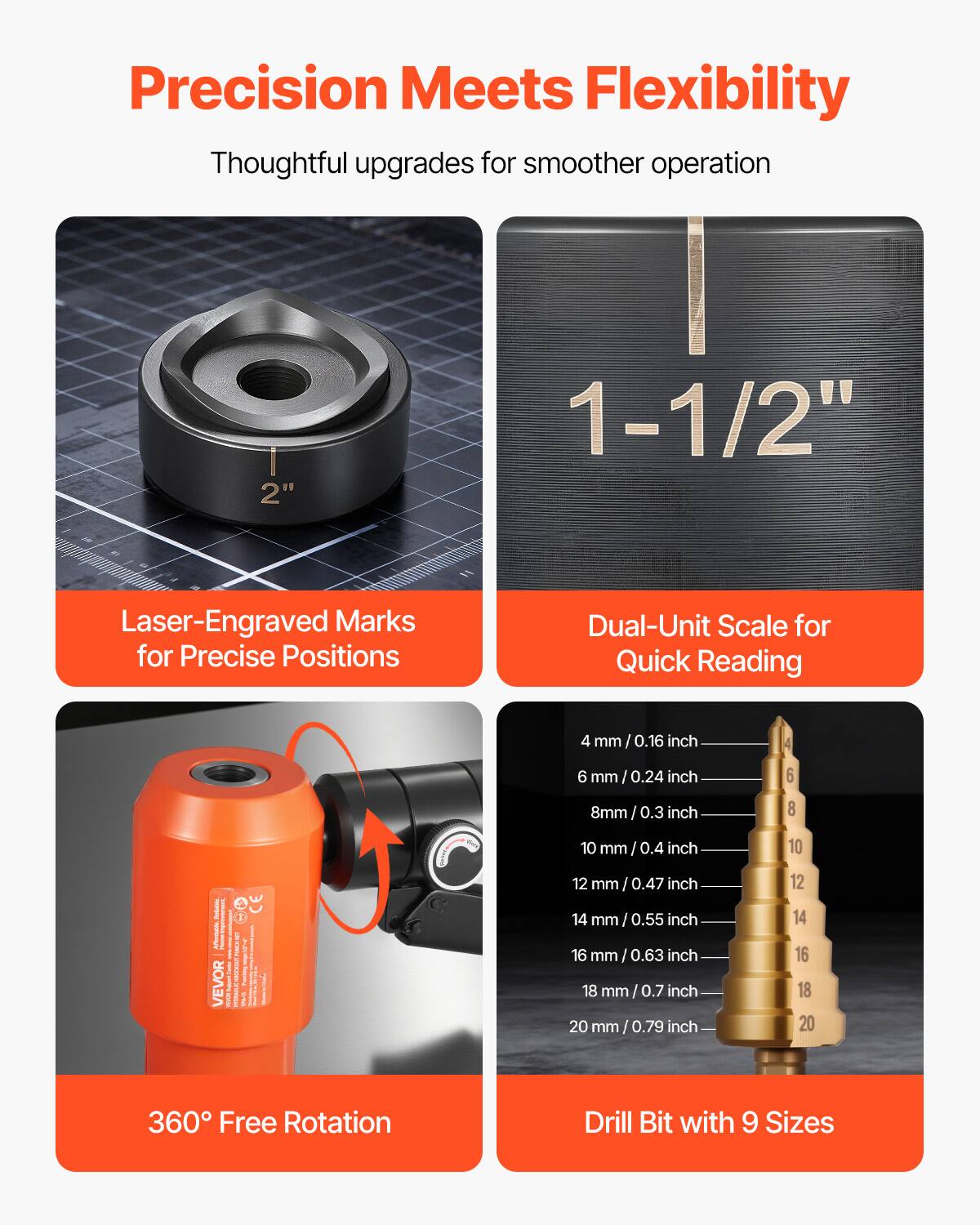 Precision Meets Flexibility  
Thoughtful upgrades for smoother operation  

- Laser-Engraved Marks for Precise Positions  
- Dual-Unit Scale for Quick Reading  
- 360° Free Rotation  
- Drill Bit with 9 Sizes  

Sizes:  
- 4 mm / 0.16 inch  
- 6 mm / 0.24 inch  
- 8 mm / 0.3 inch  
- 10 mm / 0.4 inch  
- 12 mm / 0.47 inch  
- 14 mm / 0.55 inch  
- 16 mm / 0.63 inch  
- 18 mm / 0.7 inch  
- 20 mm / 0.79 inch