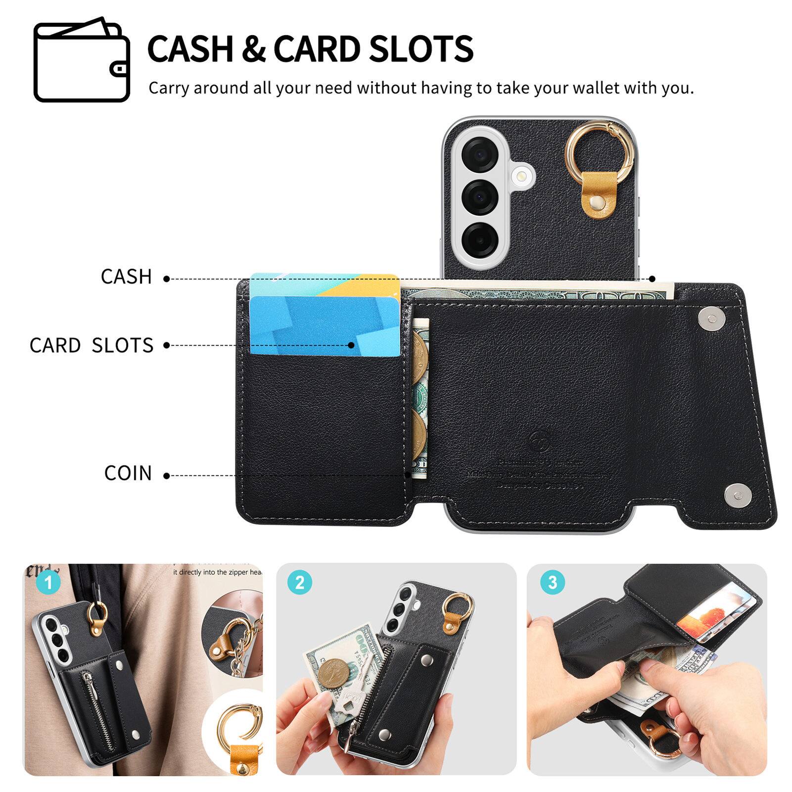 CASH & CARD SLOTS  
Carry around all your need without having to take your wallet with you.

CASH  
CARD SLOTS  
COIN  

1. It directly into the zipper head.  
2.  
3.