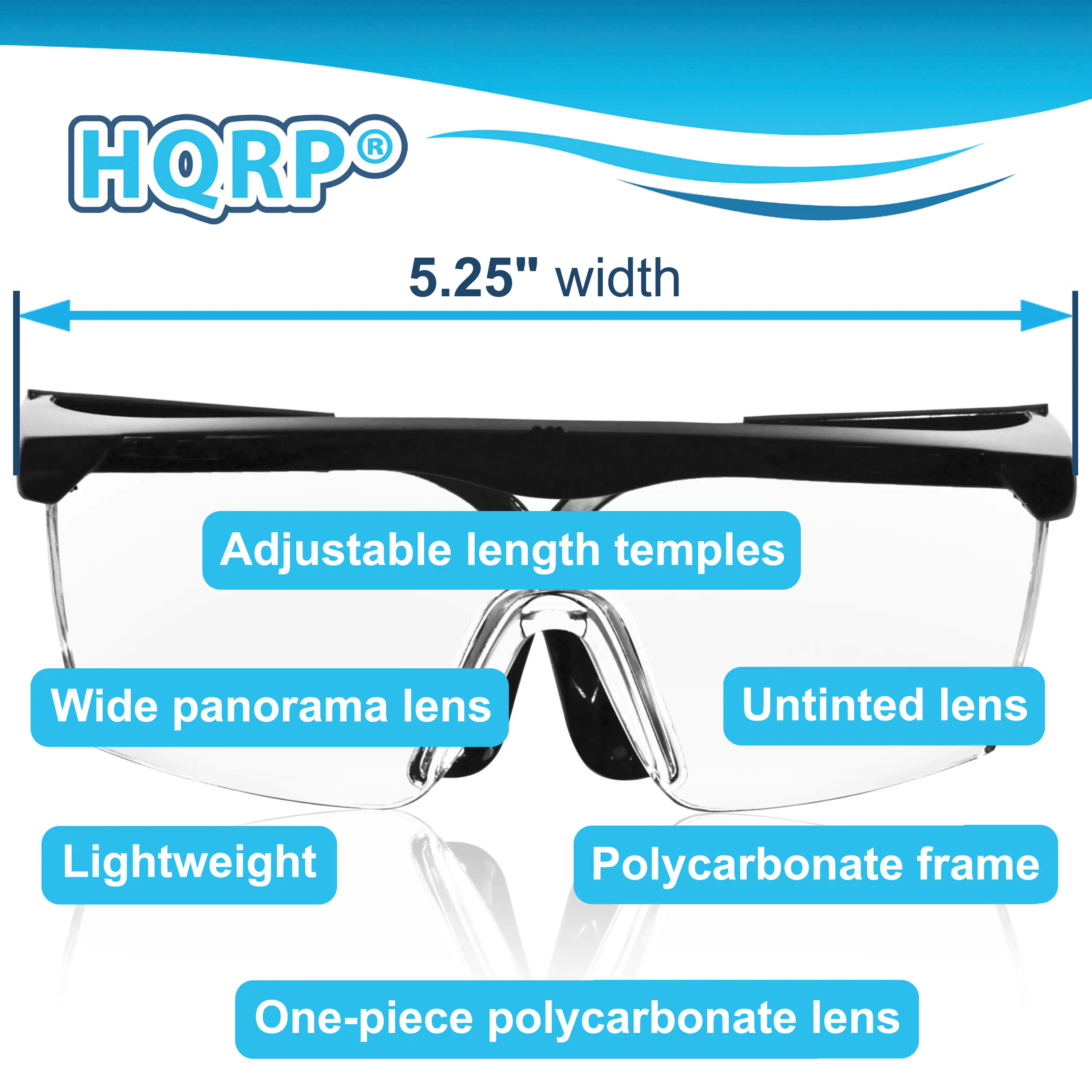 HQRP 5.25" width Adjustable length temples Wide panorama lens Untinted lens Lightweight Polycarbonate frame One-piece polycarbonate lens