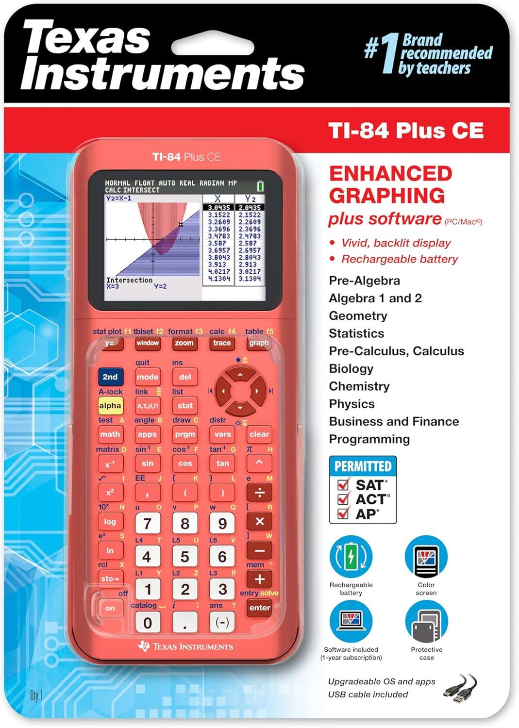 Texas Instruments

#1 Brand recommended by teachers

TI-84 Plus CE

ENHANCED GRAPHING plus software (PC/Mac)

- Vivid, backlit display
- Rechargeable battery

Pre-Algebra
Algebra 1 and 2
Geometry
Statistics
Pre-Calculus, Calculus
Biology
Chemistry
Physics
Business and Finance
Programming

PERMITTED
SAT®
ACT®
AP®

Rechargeable battery
Color screen
Software included (1-year subscription)
Protective case
Upgradeable OS and apps
USB cable included

NORMAL FLOAT AUTO REAL RADIAN MP
CALC INTERSECT
Y2=X-1
X Y2
3.0435 2.0435
3.1522 2.1522
3.2609 2.2609
3.3696 2.3696
3.4783 2.4783
3.587 2.587
3.6957 2.6957
3.8043 2.8043
3