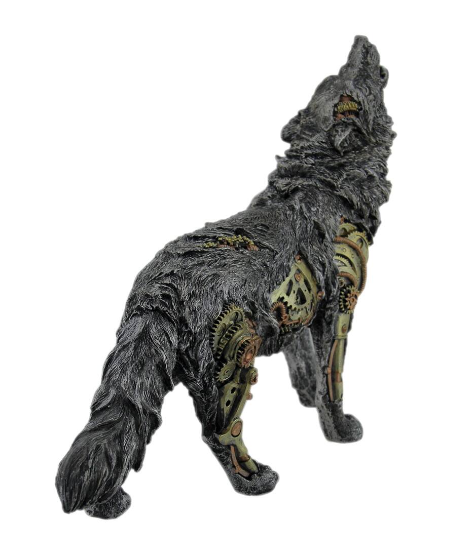 Alt View 2. Zeckos - Cool Steampunk Style Howling Gray Wolf Statue - Silver.