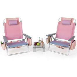Costway - 2-Pack Folding Backpack Beach Chair Table Set 5-Position Outdoor Reclining Chair - Pink