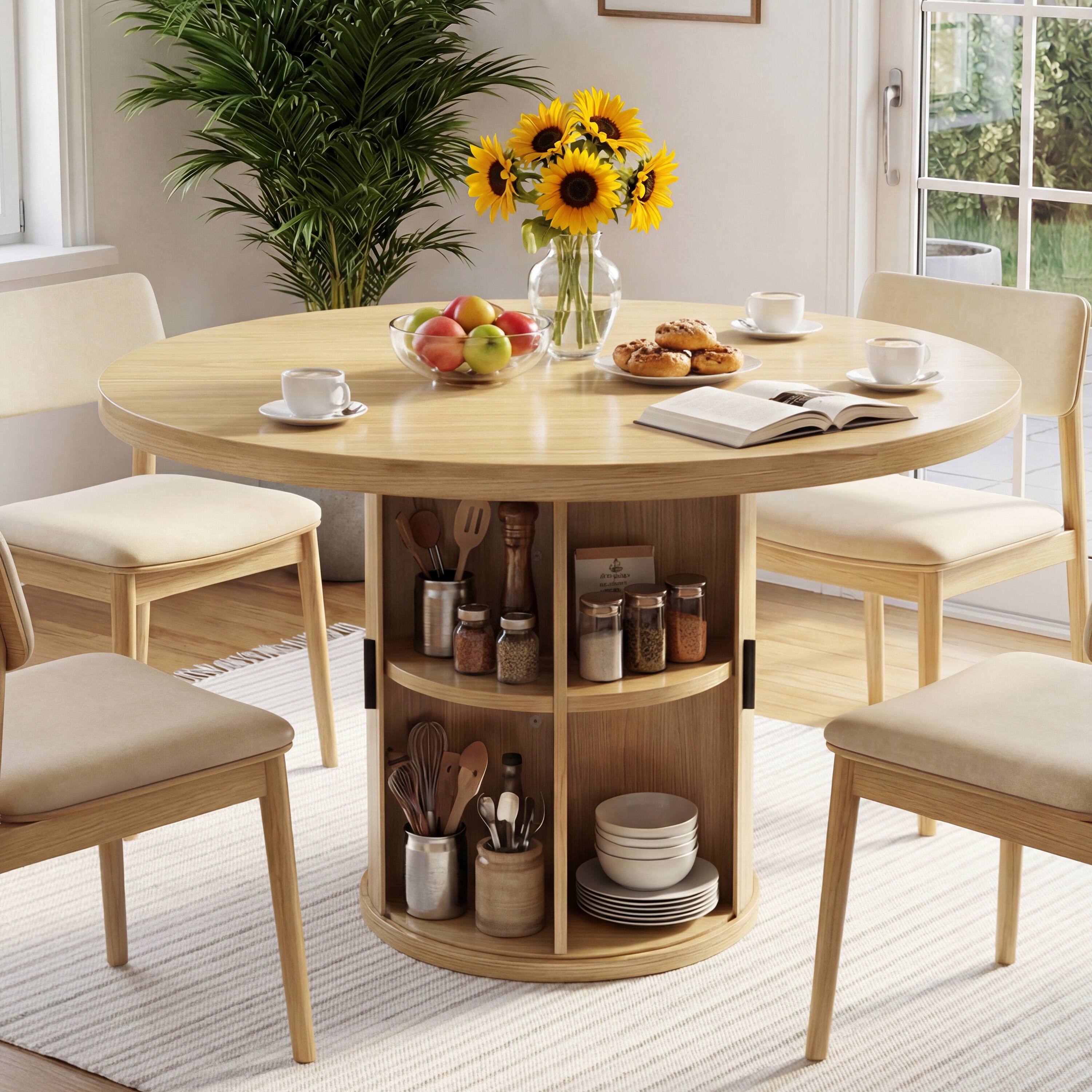 Alt View 1. Dyonery - 35.43-inch Round Wood Dining Table, Grooved Kitchen Dining Table, Round Dining Table with Storage Base, Round - Oak.